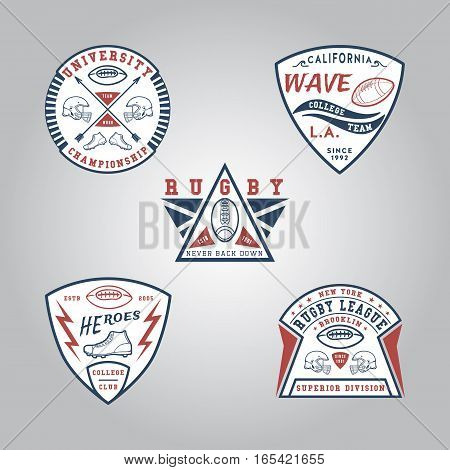 SET OF BADGE RUGBY. Handmade football ball, shoes, helmet retro style. Design fashion apparel texture print. T shirt graphic vintage grunge vector illustration badge label logo template.