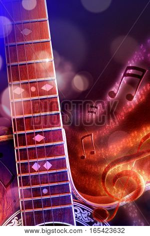 Illustration Acoustic Guitar With Black Red And Blue Background Vertical