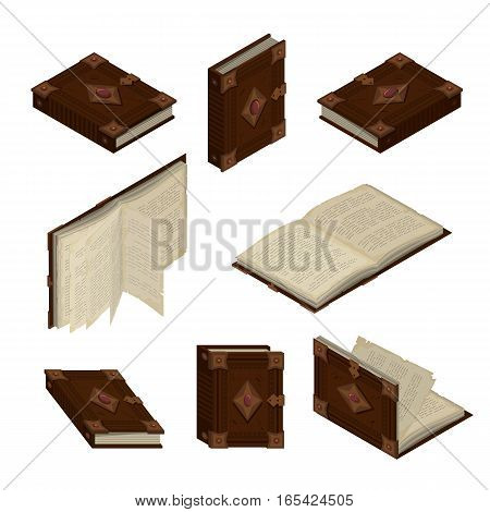 Set of old books or tutorials. Isometric flat vector.