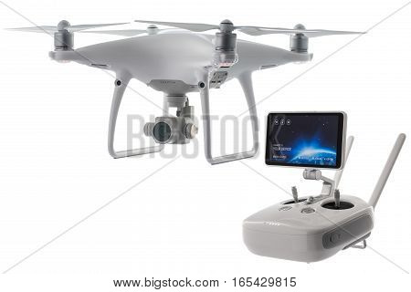 Varna, Bulgaria - January 05 ,2017: Flying Drone Quadcopter Dji Phantom 4Pro Optimized Vision Positi