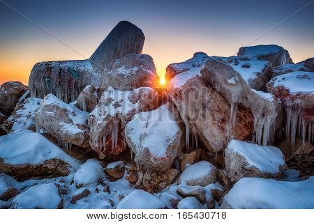 Early Morning With Snow Covered Stones