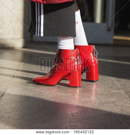MILAN ITALY - JANUARY 14: Detail of shoes outside Antonio Marras fashion show building during Milan Men's Fashion Week on JANUARY 14 2017 in Milan.