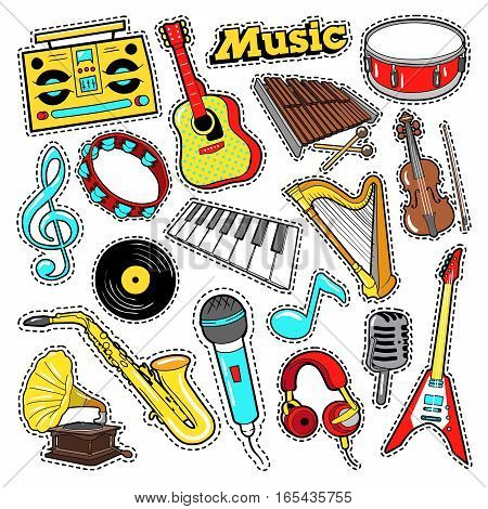 Musical Instruments Doodle for Scrapbook, Stickers, Patches, Badges with Guitar, Drum and Vinyl. Vector illustration