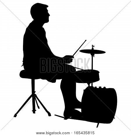 Silhouette musician drummer on white background, vector illustration.
