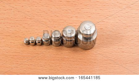 these metal weights are put on manual scales to counterbalance a subject on the other hand