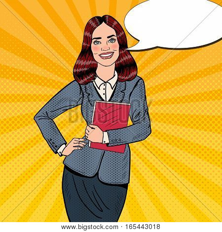 Pop Art Successful Smiling Business Woman Holding Folder. Vector illustration