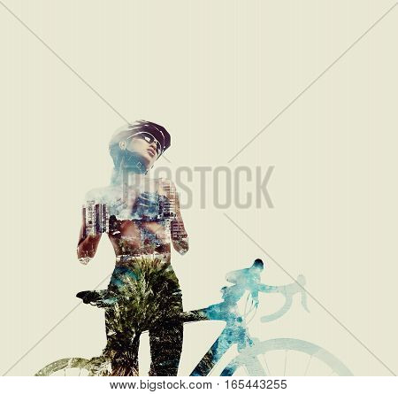 Woman with bicycle combined with a Albufereta city landscape. Double exposure.