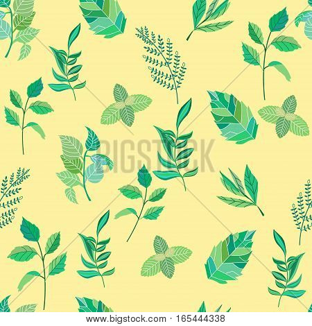Seamless pattern of various leaves. Vector illustration.