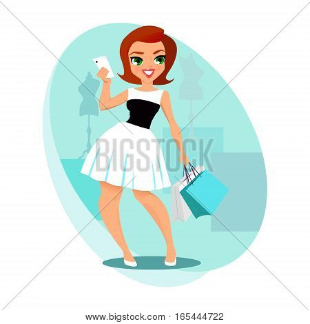 The smiling girl with the smartphone and purchases in hands.