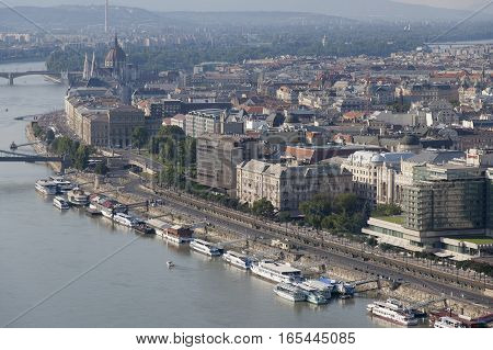 The view of the central part of Budapest and Danube river at sunny summer day