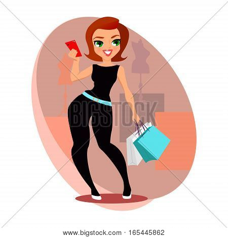 The smiling girl with the smartphone and purchases in hands. Attractive Girl is Doing Selfie with Smart Phone.