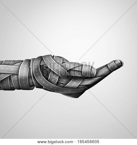 Transportation safety hand and highway assistance and transport support or driving drunk help metaphor with a group of highway or streets shaped as a human holding gesture as a 3D illustration.