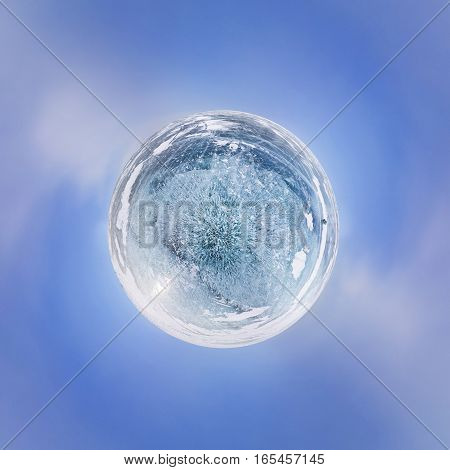 Ice Sphere Bubbles Frozen. Panorama Of Little Planet