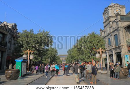 BEIJING CHINA - OCTOBER 29, 2016: Unidentified people visit Qianmen shopping street.