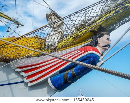 CONSTANTA, ROMANIA - SEPTEMBER 8, 2016: Bow of Mircea, ship used as a training vessel for the Romanian Navy. The ship was named after The Wallachian Prince Mircea the Elder whose figure is represented on the bow.