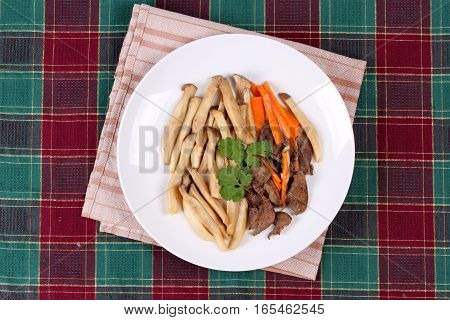 Fried Eryngii Mushroom With Pork Liver And Carrot.