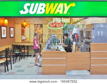 Bangkok, Thailand - June 5,2016: SUBWAY restaurant at Don Mueang International Airport in Bangkok. SUBWAY brand is the world's largest submarine sandwich chain with more than 44,000 locations.