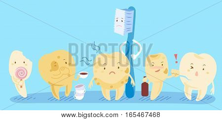 Cartoon tooth decay and toothbrush feel bad