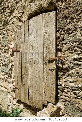 Spain Catalonia . Rupit - mountain village built on top of the basalt rocks; details of facades of the fourteenth to sixteenth centuries.