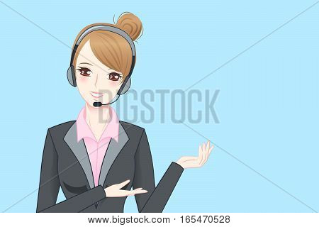 beauty cartoon business woman wear phone headset and show something to you