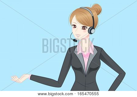 beauty cartoon business woman wear phone headset and show something to you