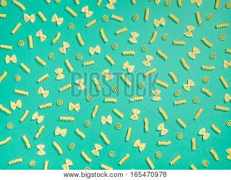 Farfalle, Rotelle And Fusilli Pasta Flat Lay