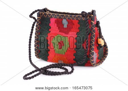 Fabric bag with Armenian ethnic pattern isolated on white background.