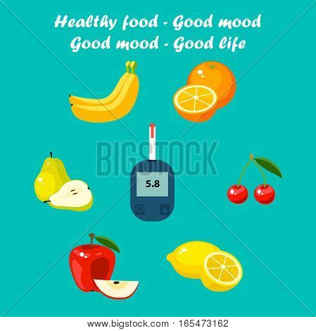 Very high quality original trendy vector flat illustration Blood test or glaucometer, glucose meter with healty food