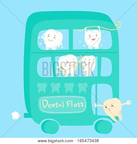 cute cartoon different tooth with dental floss