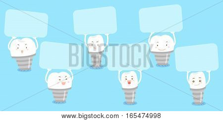 cute cartoon implant tooth take billboard and smile happily