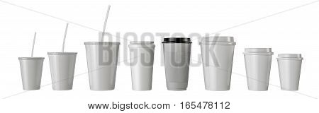 Many fast food paper cups isolated. 3d render illustration.