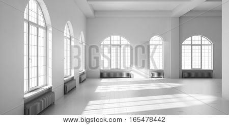 White empty loft interior. 3D render illustration