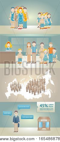 Infographics on sales and purchases that make children and adults. Vector illustration of seller, vendor, salesman, salesperson and buyer, purchaser, shopper, acquirer, customer. Concept design for a presentation or a website infographic