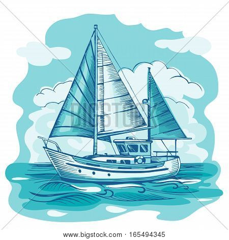 Sailing boat monochrome vector sketch  with clouds and stylized waves. Sea yacht floating on the water surface.