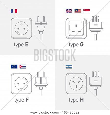 Different type power socket set vector isolated icon illustration for different country plugs. Type EFGH