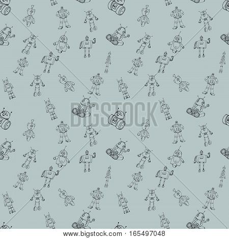 Seamless vector ounline robots doodle pattern. The concept of science and the future. Cartoon style. Hand-drawn illustration. Monochrome grey background