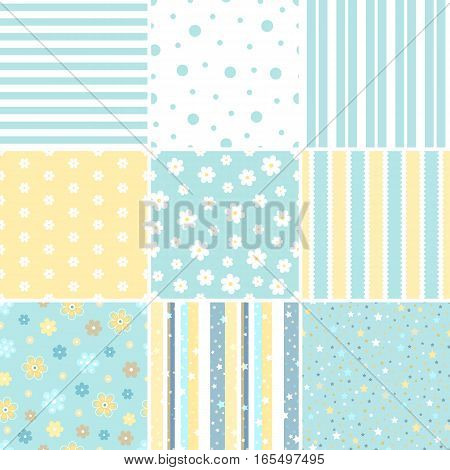 Set of Seamless delicate geometric patterns with Flower star polka dots stripes. Endless texture can be used for wallpaper pattern fills web page background. Vector illustration