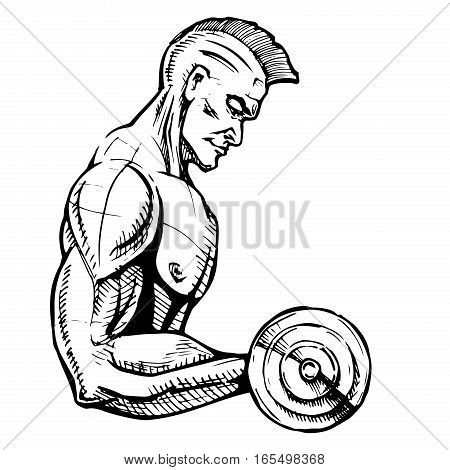 Fitness. Powerful muscular man lifting weights. Vector illustration in ink hand drawn style.
