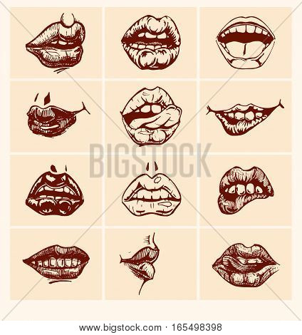 Set of mouth smile sexy woman lips. Vector illustration in ink hand drawn style.