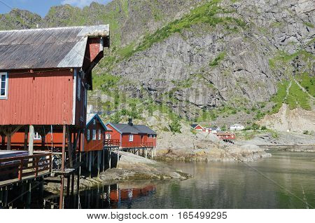 Red rorbu traditional fishing huts in the small fishing village of A Moskenes Lofoten Islands Norway Europe