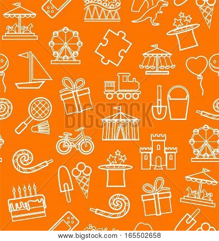 Children's entertainment and leisure, background, seamless, contour, orange. Vector background with objects for the entertainment of children. White linear image on the orange box.