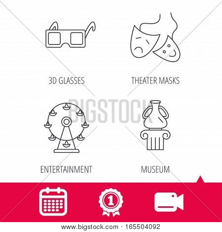 Achievement and video cam signs. Museum, ferris wheel and theater masks icons. 3d glasses linear sign. Calendar icon. Vector