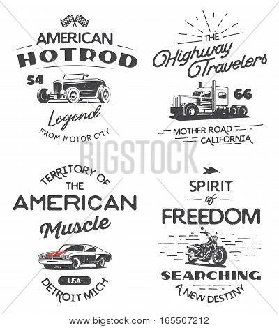 Set of typography logo of muscle car heavy truck motorcycle and hot rod isolated on white background. T-shirt print design.