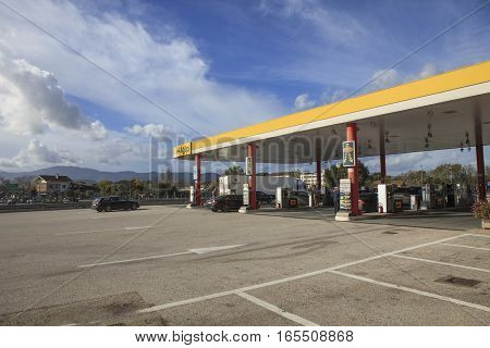 ROME ITALY - NOVEMBER 7 : Agip gas station in route from napoli to rome Agip most popular car service station in italy on november 7 2016 in rome italy