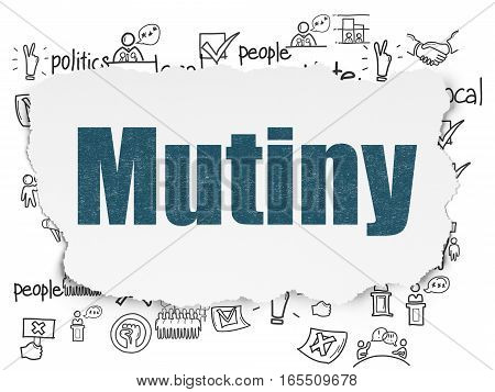 Politics concept: Painted blue text Mutiny on Torn Paper background with  Hand Drawn Politics Icons