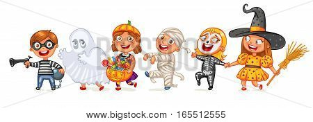 Happy Halloween. Funny little children in colorful costumes. Robber, ghost, mummy, skeleton, witch. Cartoon character. Vector illustration. Isolated on white background