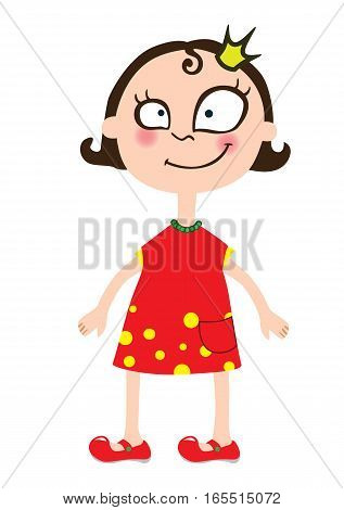 Cartoon girl in red dress and red sandals with a crown on head
