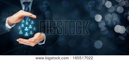 Customer care, care for employees, human resources, employment agency and marketing segmentation concepts. Leader manage his team. Left wide banner composition with bokeh in background.