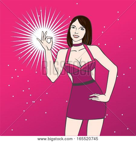 Vector illustration with beautiful asian woman showing ok sign in pop art style