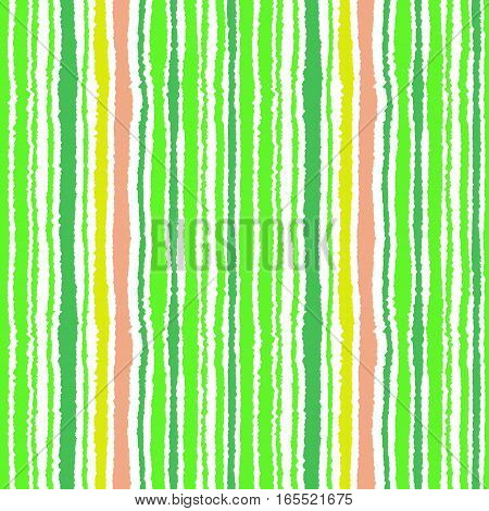 Seamless striped pattern. Vertical narrow lines. Lacerated, ragged edges. Streaky texture. Green, white, orange colored background. Spring theme. Vector